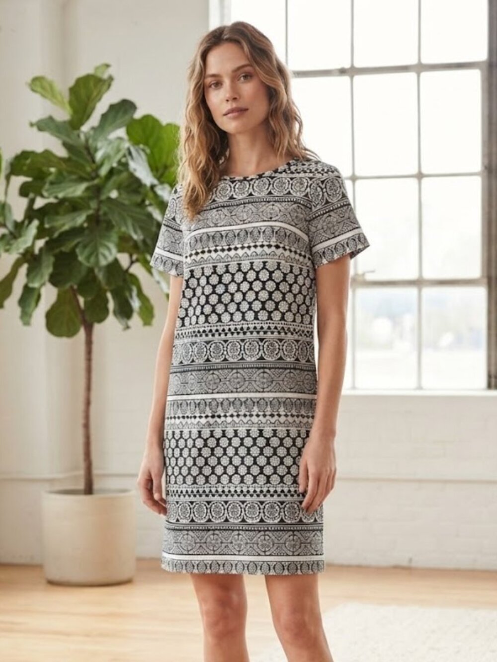 Loft Black White Geometric Dress Small Modest Short Sleeve Old Money Preppy AOP